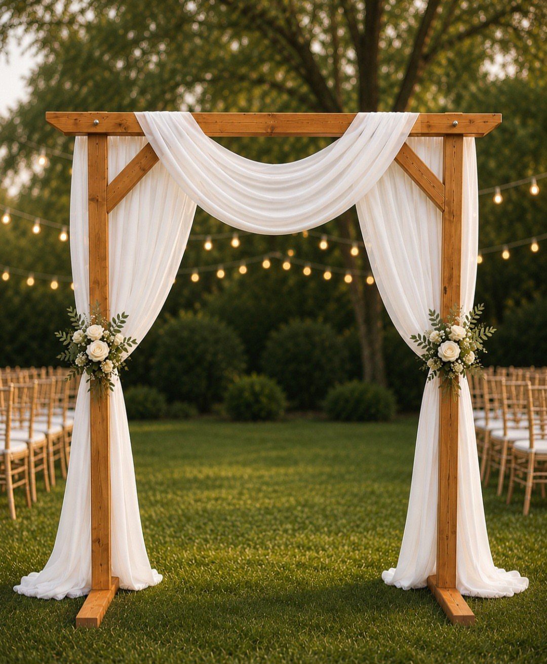 Wooden freestanding wedding arch with white fabric draping and white floral arrangements.