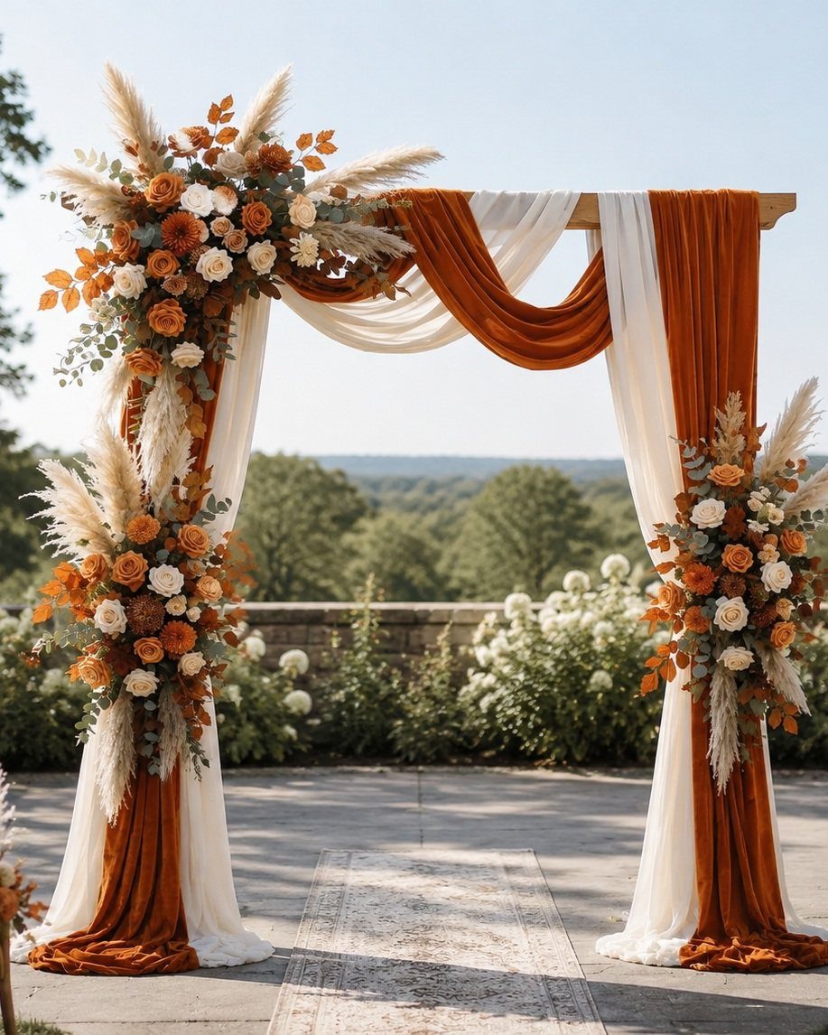 Wooden wedding arch with orange and white fabric and rustic floral arrangements.