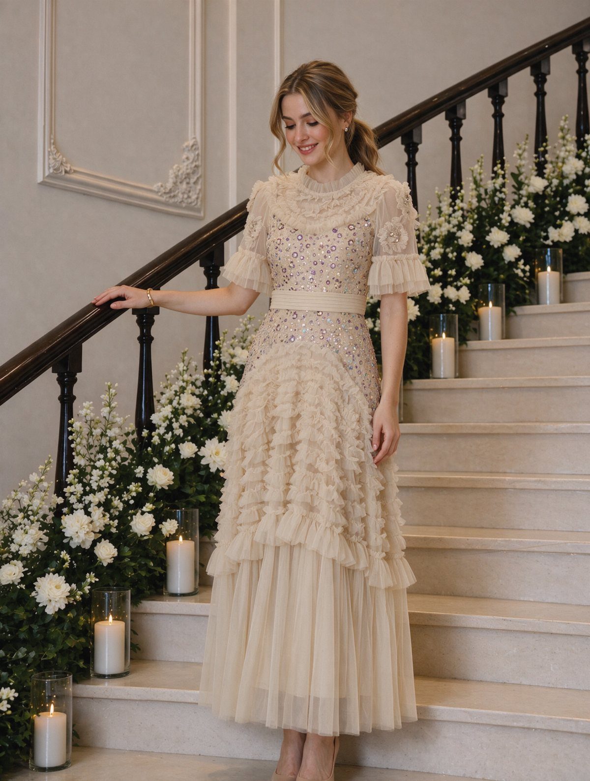 Woman in a champagne embellished ruffled midi dress standing on a decorated staircase