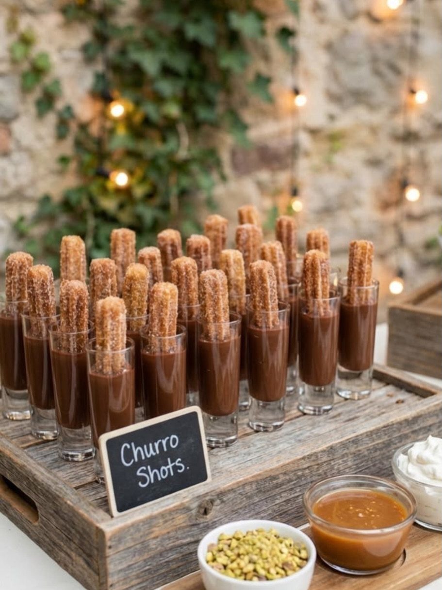 Churro shots in chocolate mousse glasses on a rustic wooden tray with sauces.