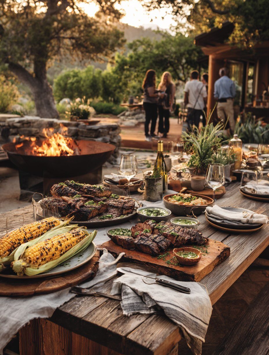 Grilled meats and corn on platters atop a rustic wooden outdoor dining table