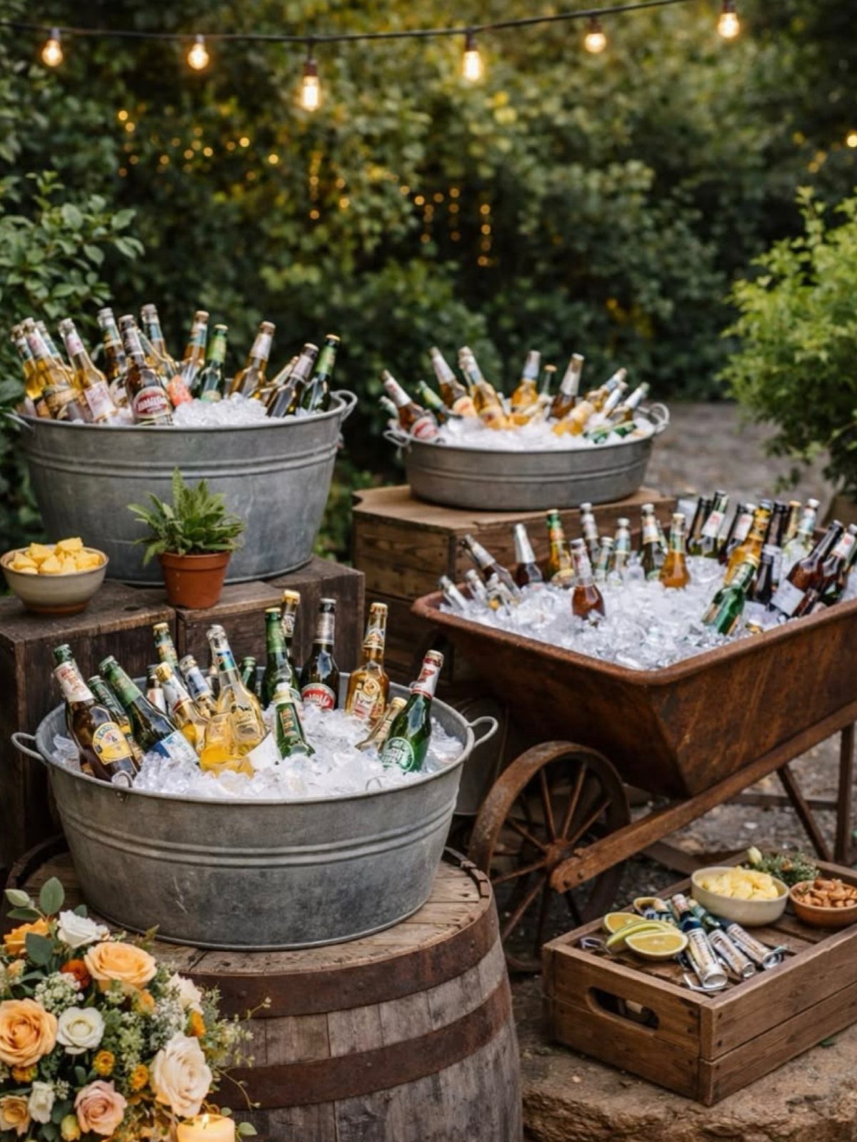 Bottled beers on ice in metal tubs and a wooden cart outdoors.