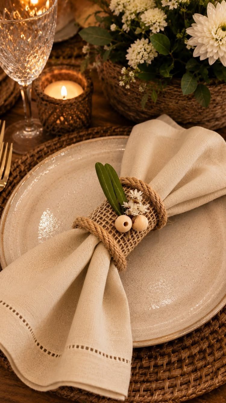 Rustic table setting with a linen napkin, burlap tie, and woven charger.