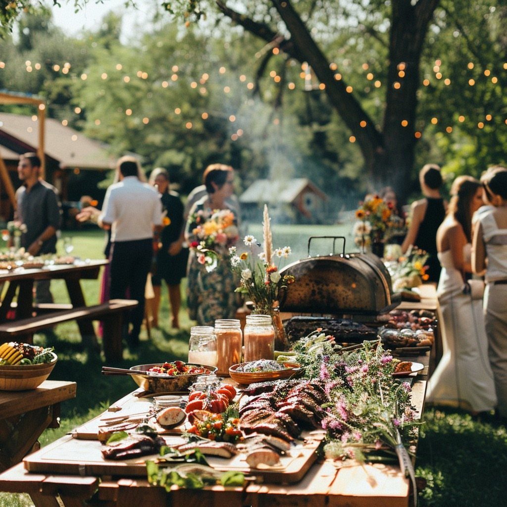 Grilled meats and side dishes on a wooden table at an outdoor wedding reception.