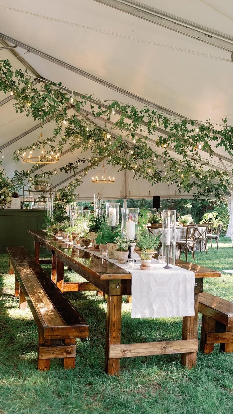 Wooden farm table with greenery and string lights under a white wedding tent