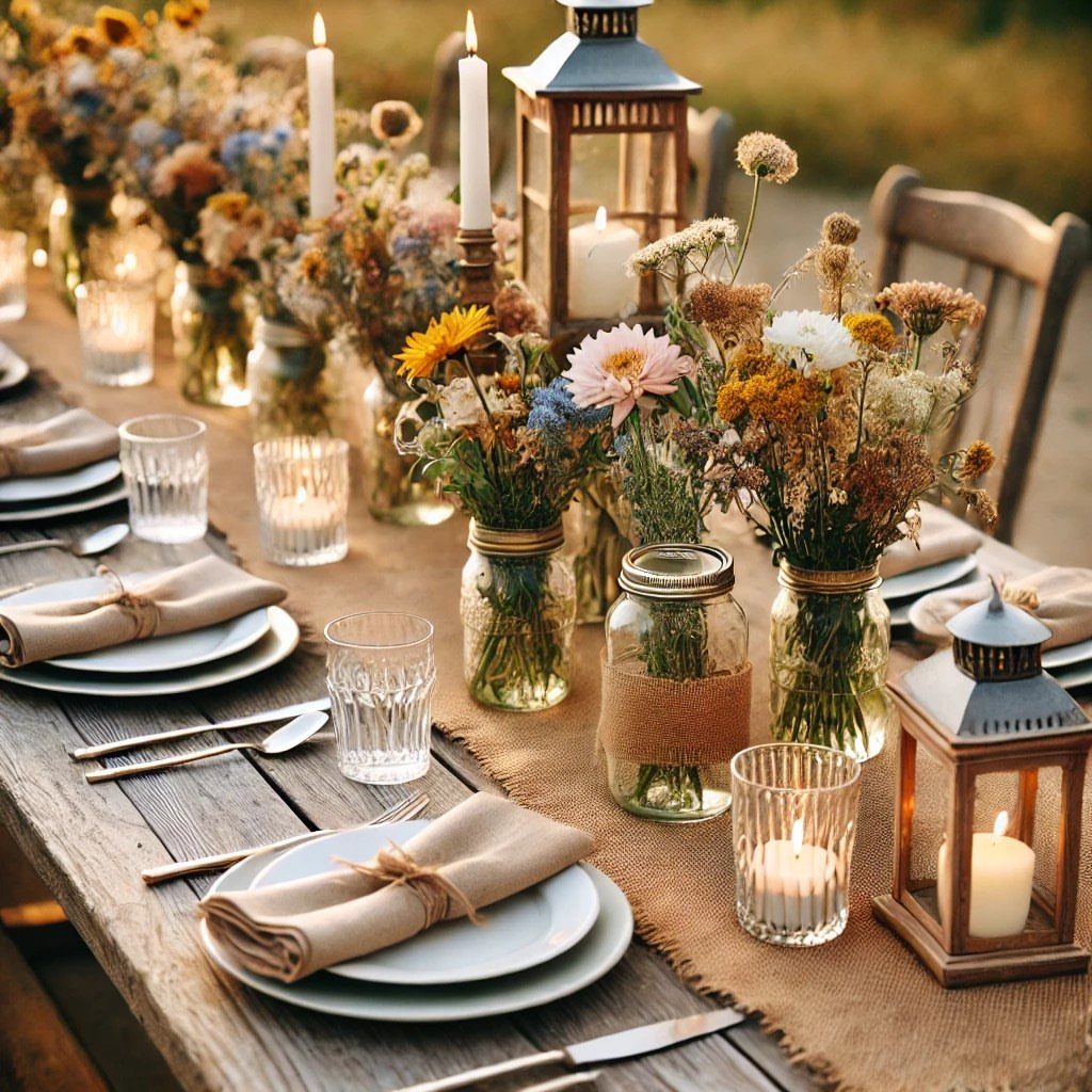 Rustic wooden table with burlap runner, mason jar flowers, and glowing candles outdoors.