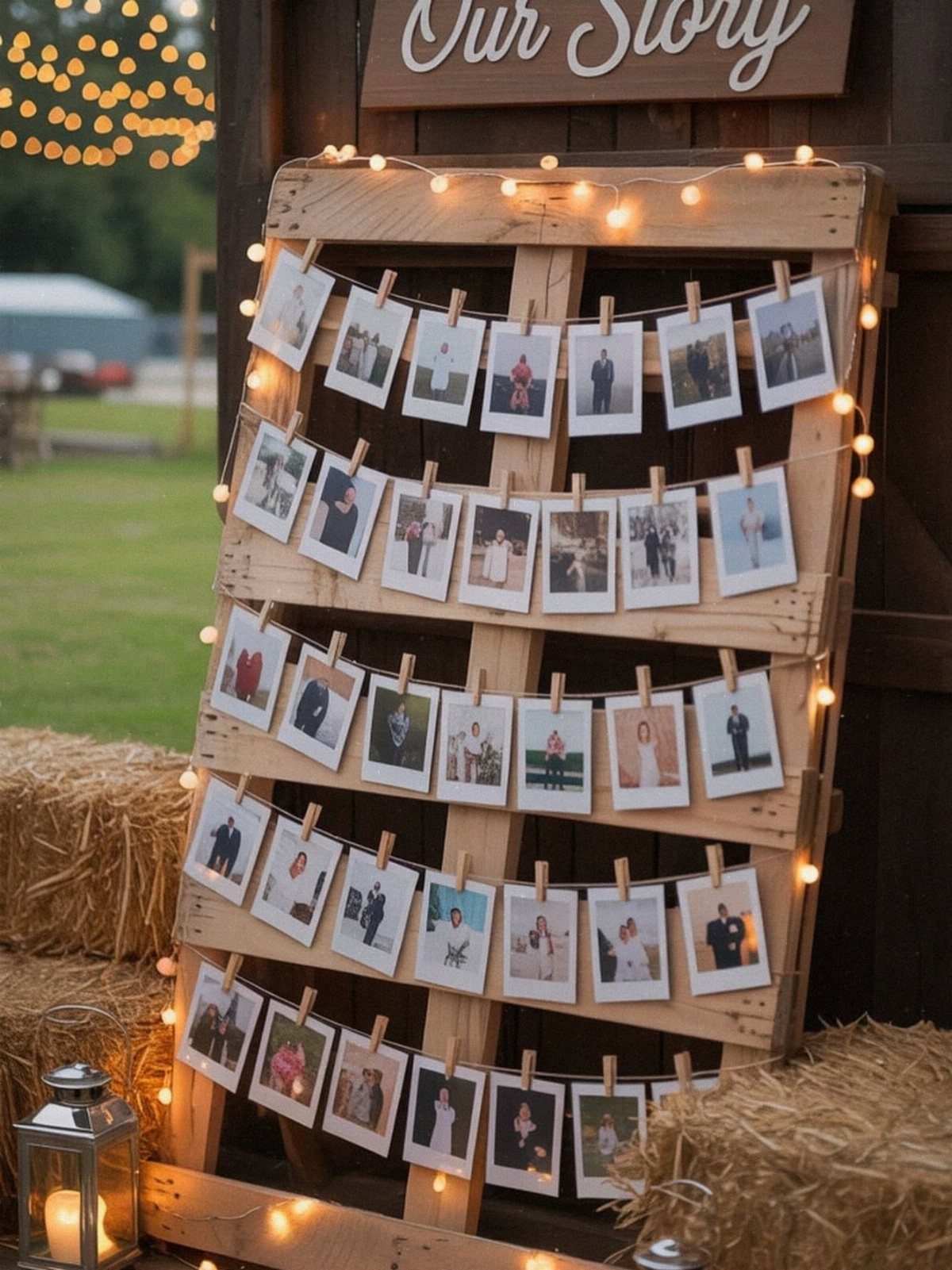 Family photographs clipped to twine on a wooden pallet with string lights and hay.
