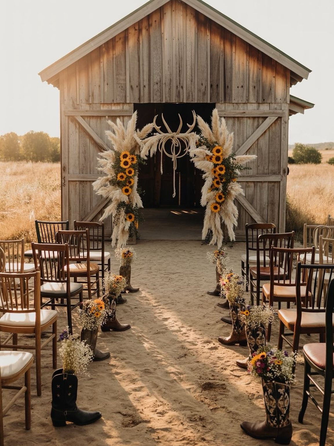 Wedding ceremony aisle with cowboy boot flower vases leading to a barn arch.