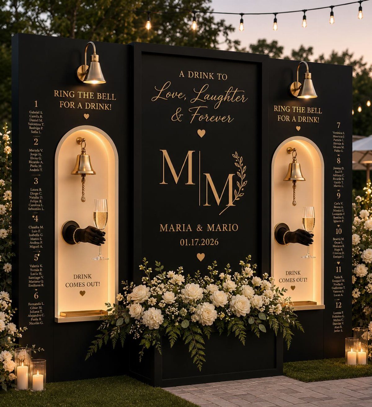 Black wedding bar backdrop with gold text, bells, and white flower arrangements.