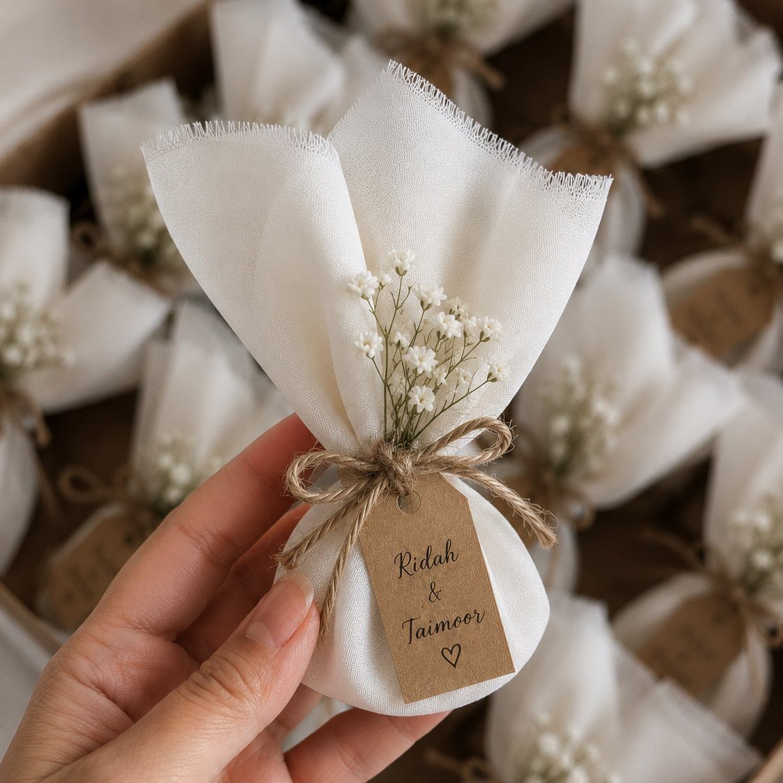 Small white gauze wedding favor with twine, kraft tag, and baby's breath flowers.