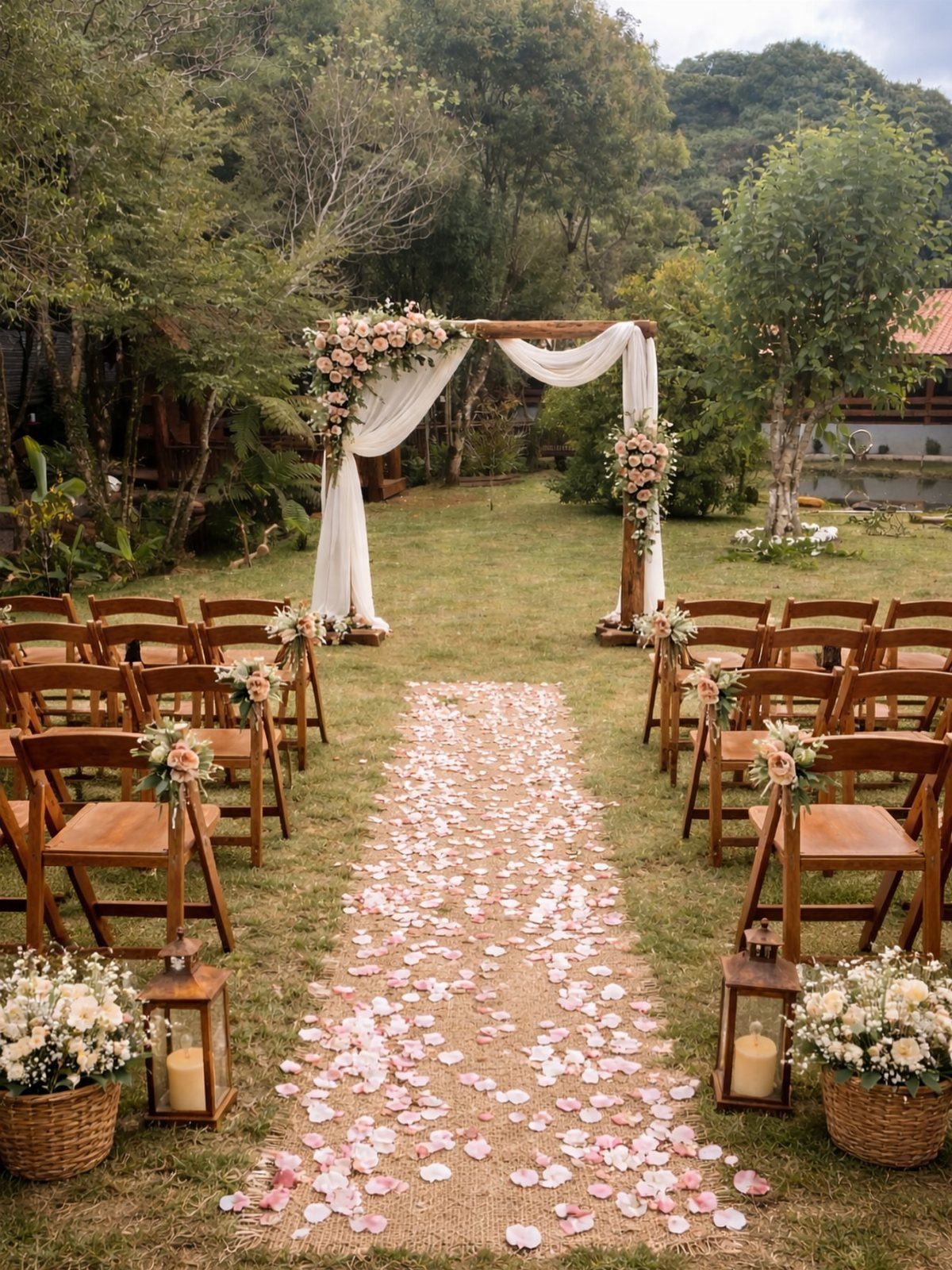 Wooden wedding arch with white fabric and pink flowers over a petal-strewn aisle.