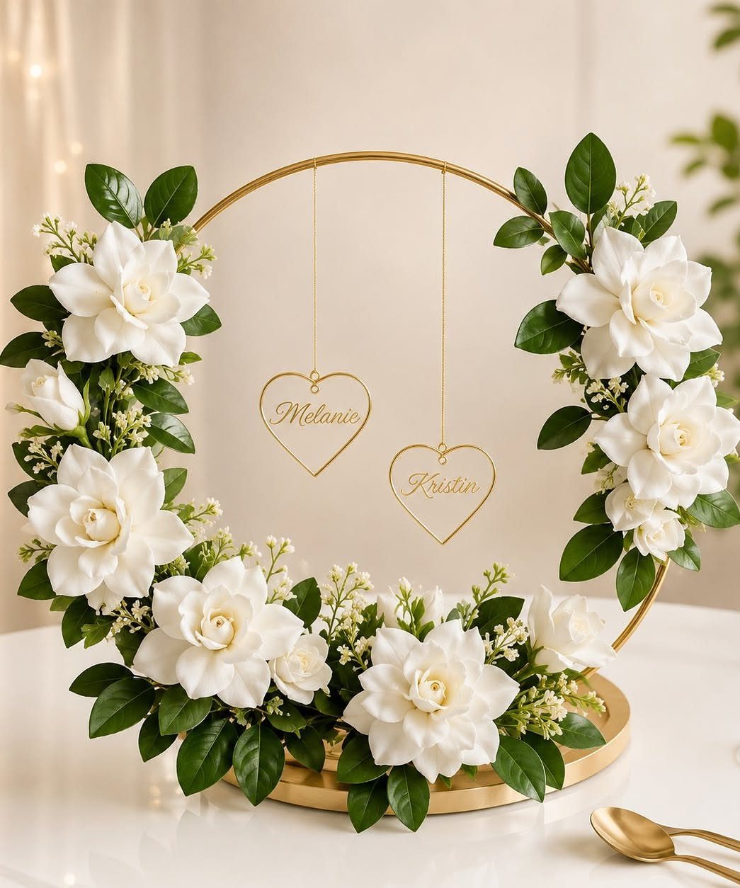Gold circular floral centerpiece with white flowers and hanging heart name charms.