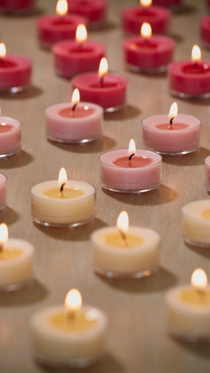 Lit tea light candles in white, pink, and red arranged on a table.
