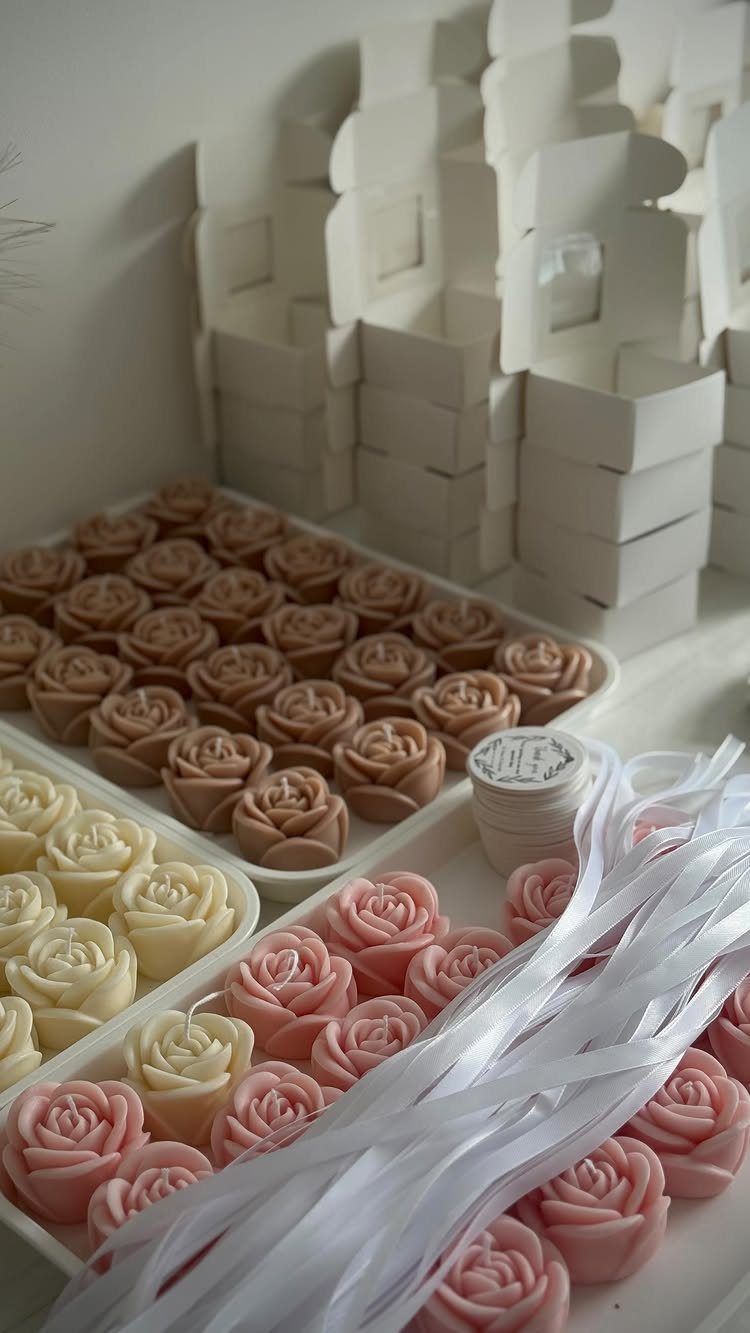 Rose-shaped candles in pastel colors with white gift boxes and ribbons.