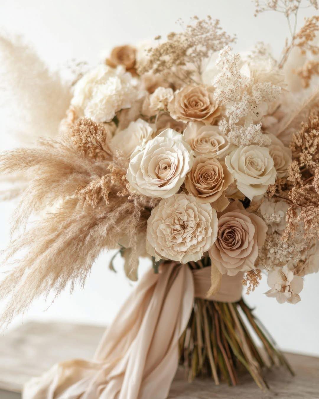 Bridal bouquet with beige roses, pampas grass, and long flowing champagne ribbons.