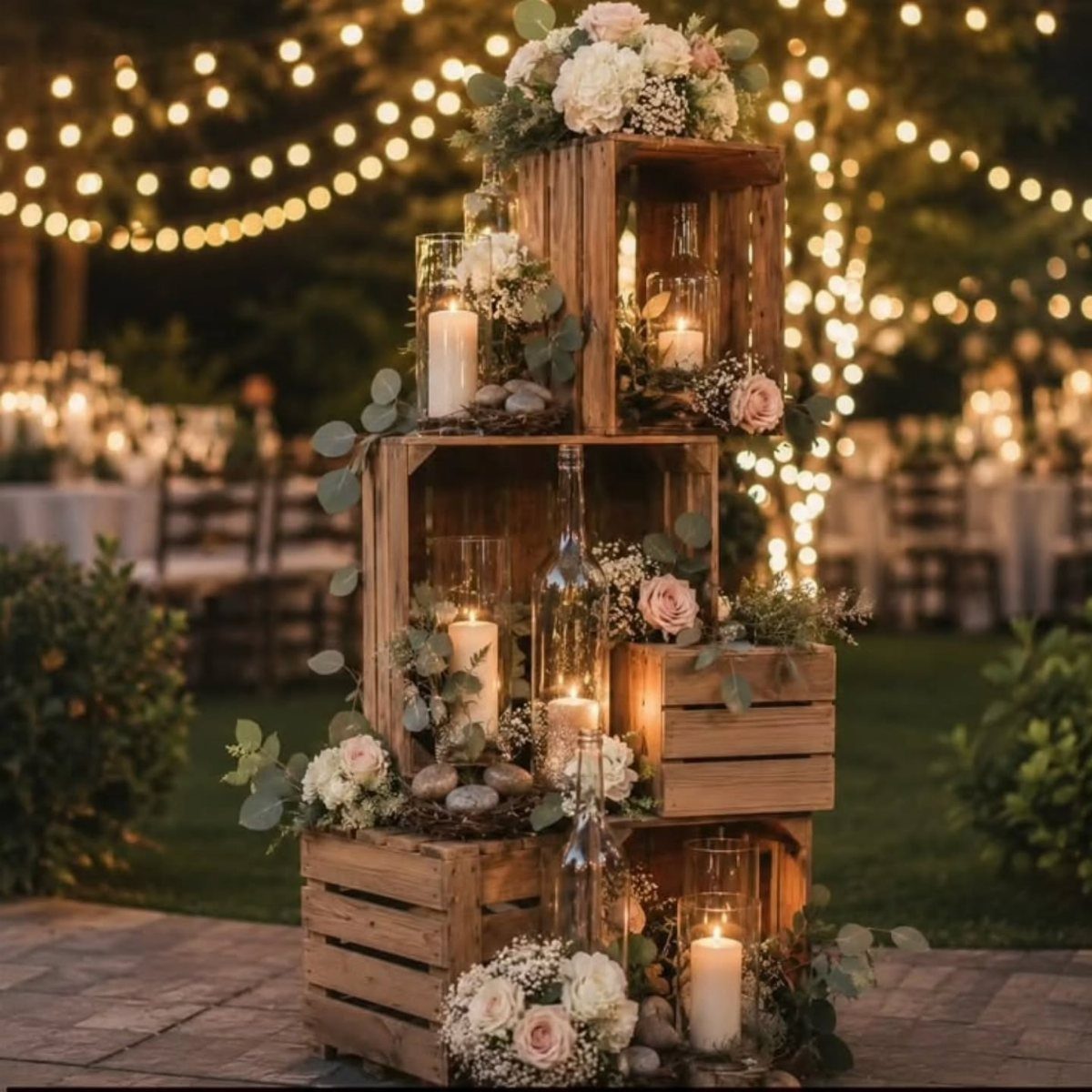 Rustic wooden crate centerpiece with white roses, greenery, and glowing pillar candles outdoors