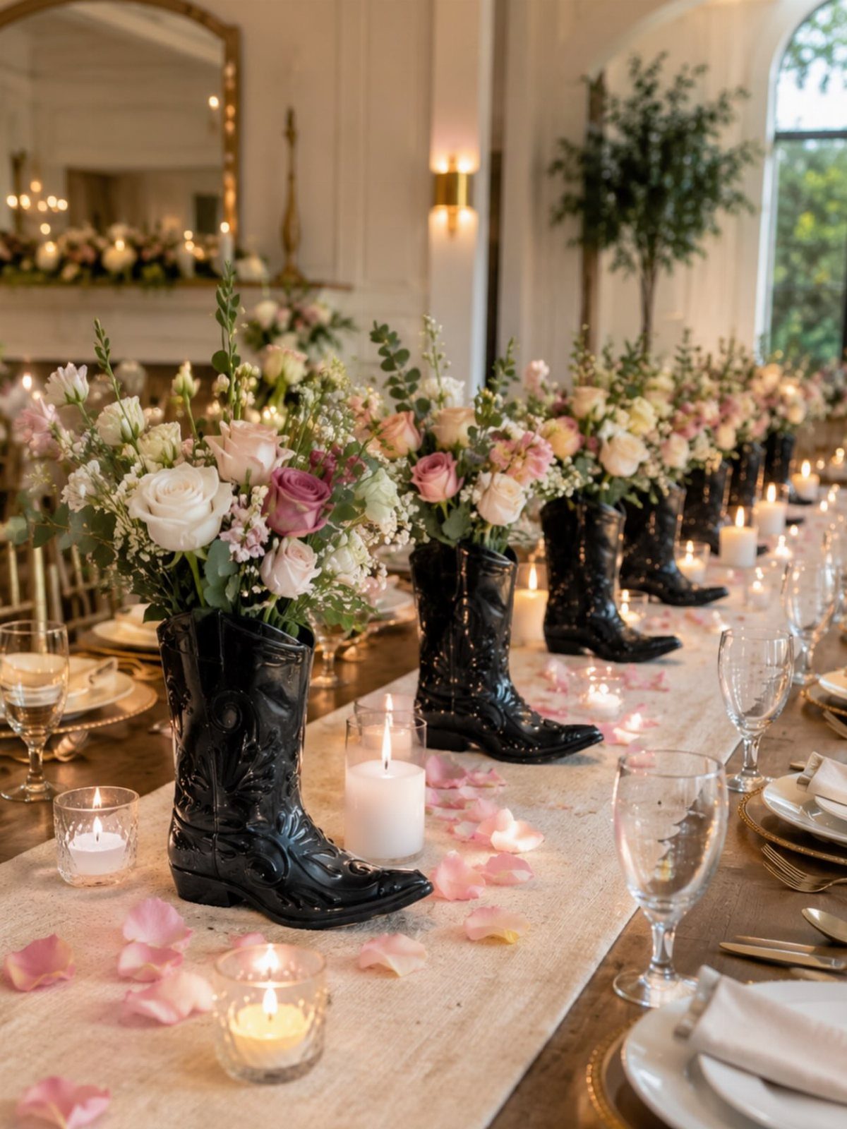 Black cowboy boots used as vases for pink and white floral centerpieces.