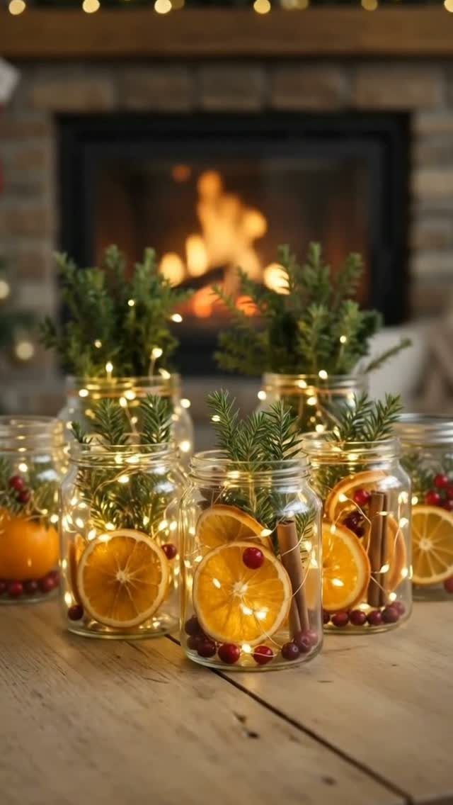 Mason jar centerpieces with dried oranges, berries, and evergreen sprigs by a fireplace.