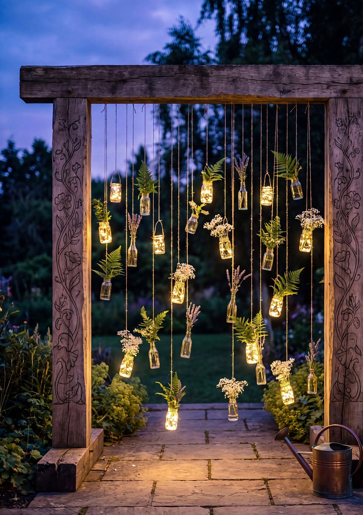 Hanging glass jars with flowers and fairy lights under a wooden frame