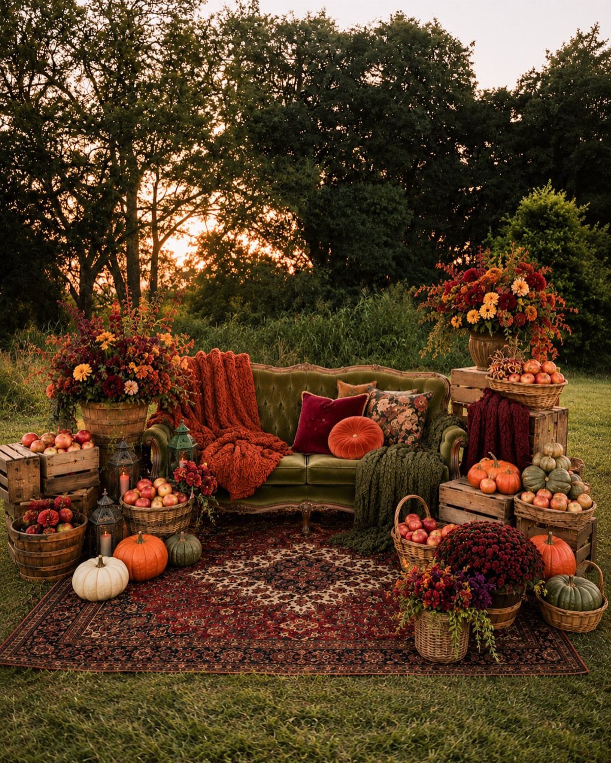 Green velvet sofa on a red rug surrounded by pumpkins and autumn flowers.