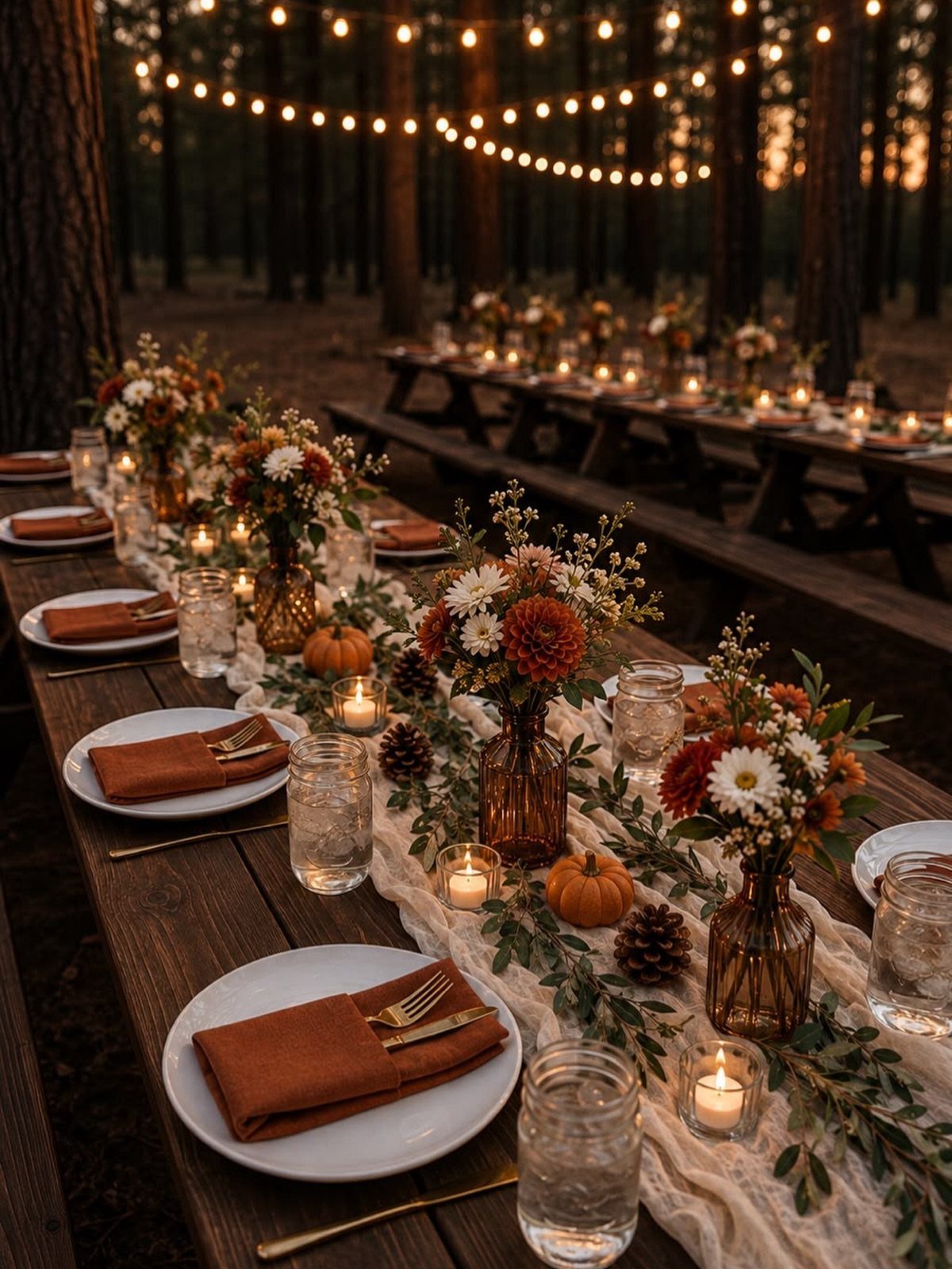 Wooden wedding table in a forest with terracotta napkins and autumn floral arrangements.