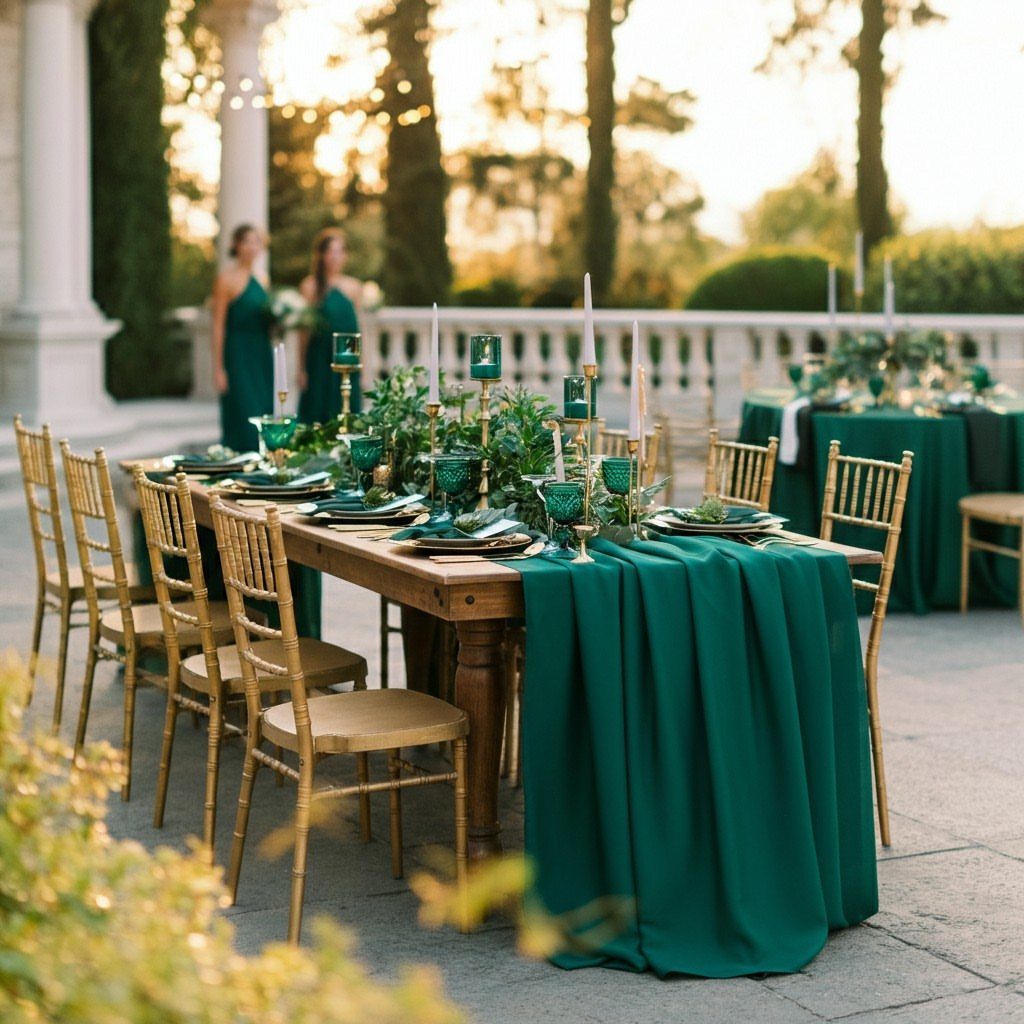 Emerald green wedding table setting with gold chairs and greenery outdoors at sunset