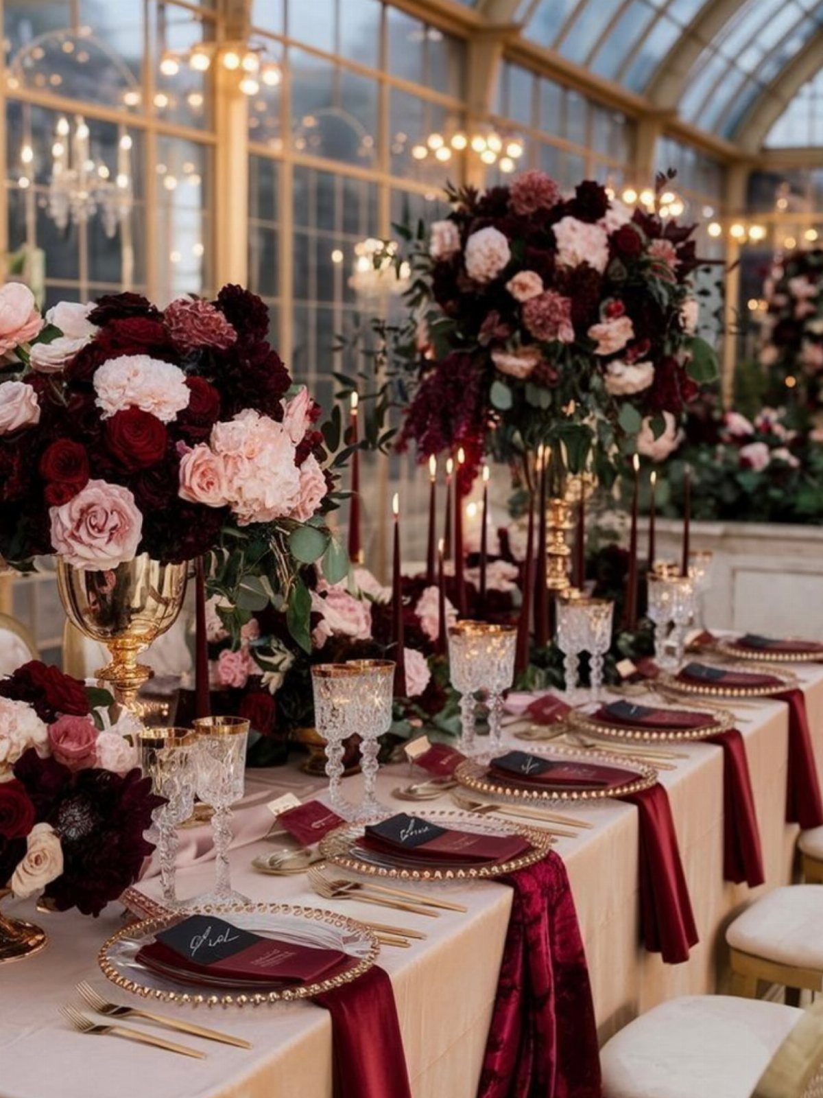 Wedding table setting with burgundy roses, red velvet runners, and gold accents in a conservatory.