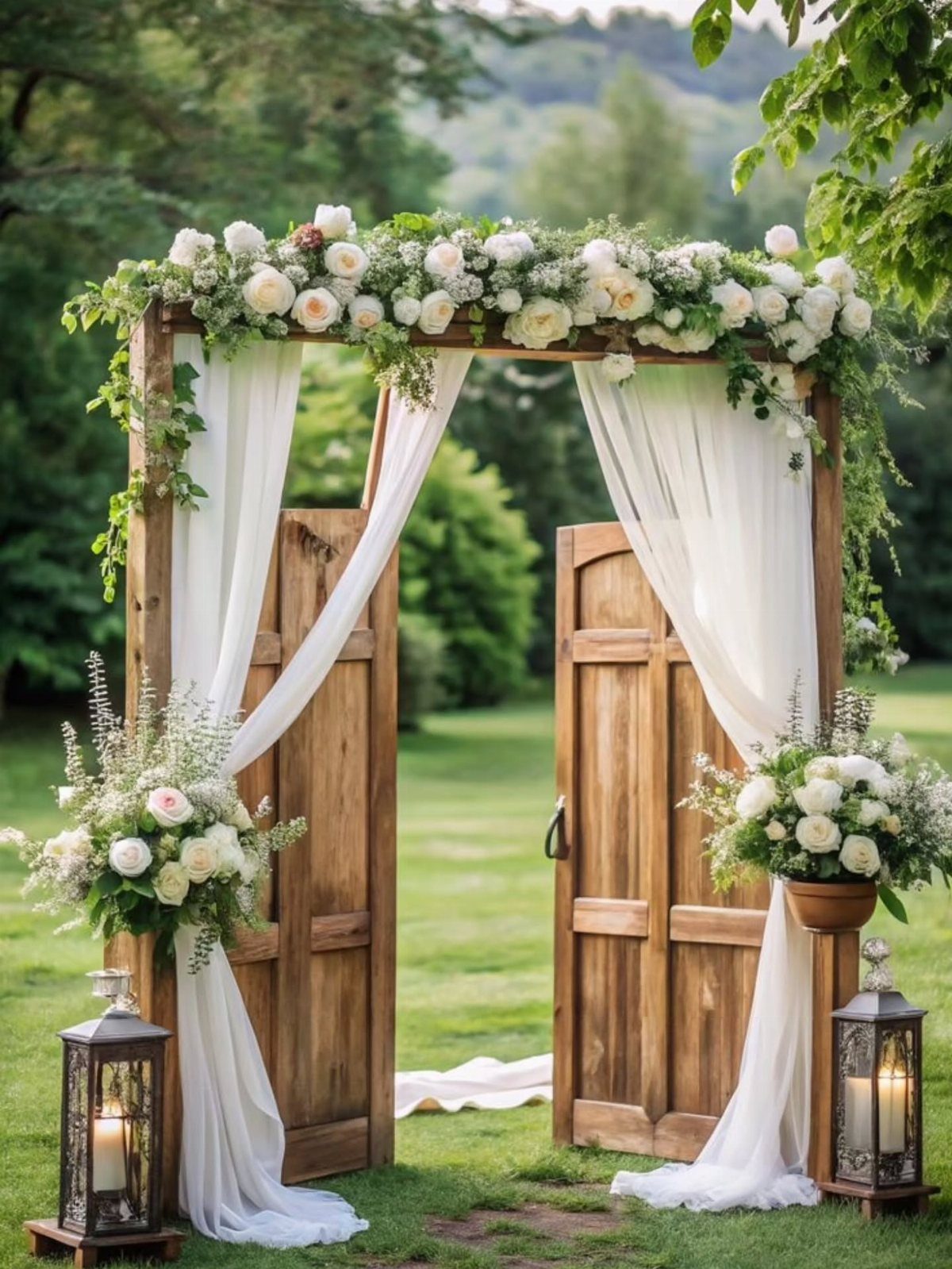 Wooden wedding arch with open doors, white floral topper, and white fabric draping.