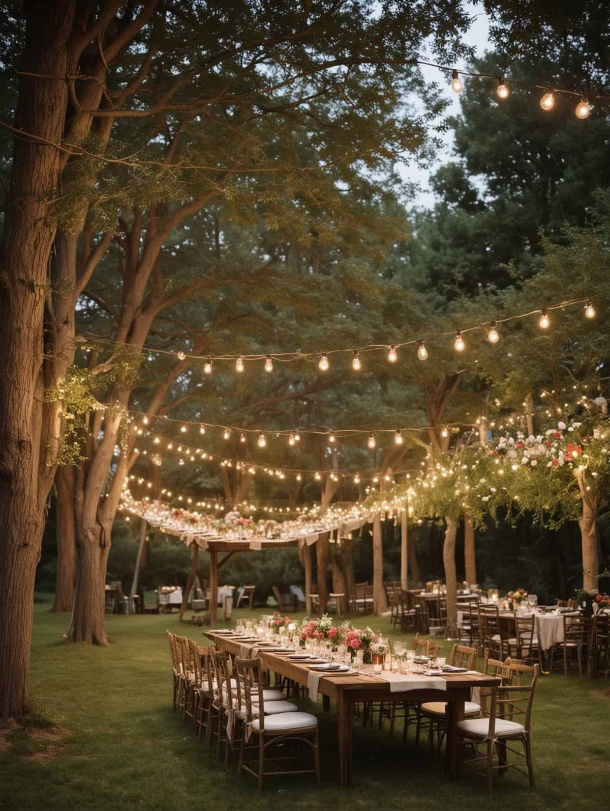 Outdoor wedding reception with long wooden tables under trees and glowing fairy lights.