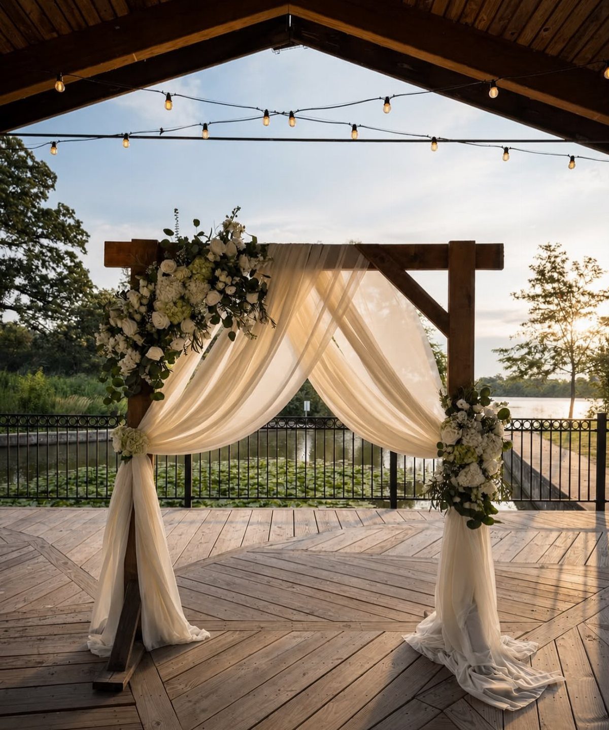 Wooden wedding arch with white floral arrangements and flowing white fabric drapery.