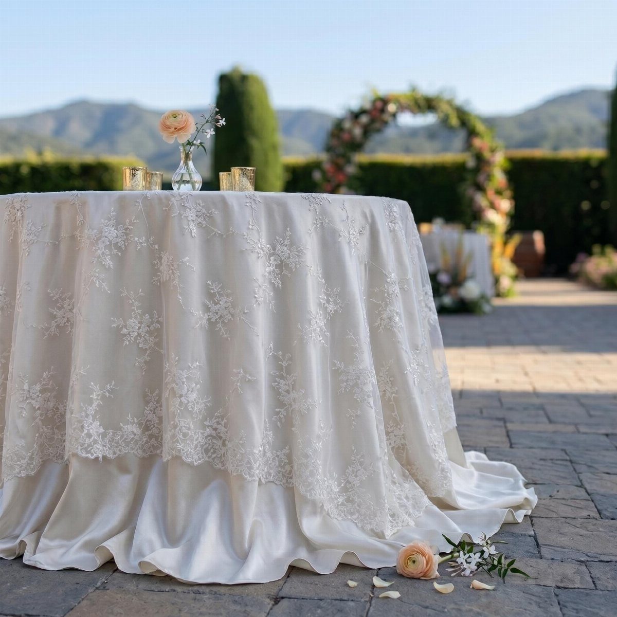 White lace tablecloth on a round table with a floral arch background