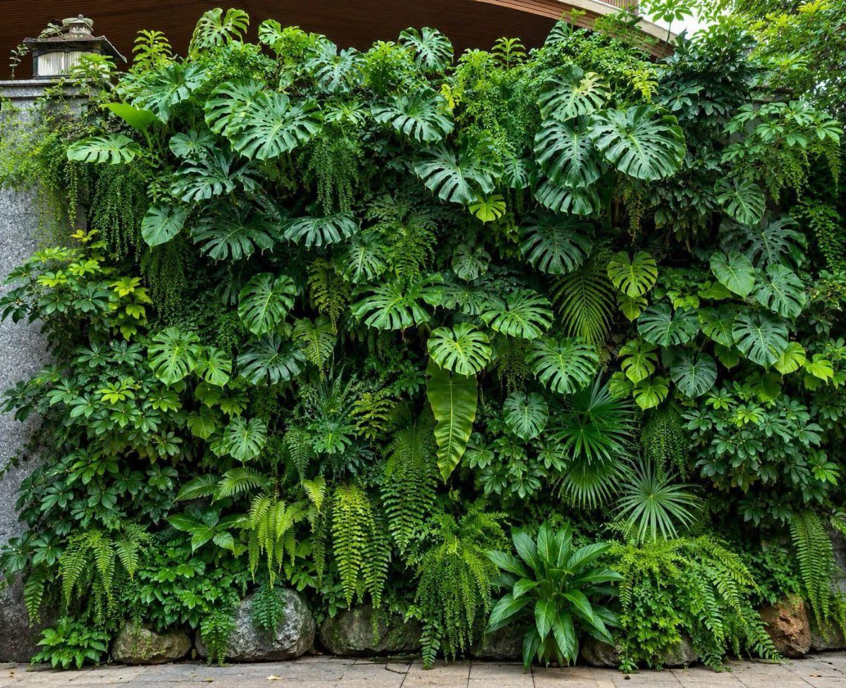 Lush vertical garden wall with Monstera leaves and ferns over a stone base.