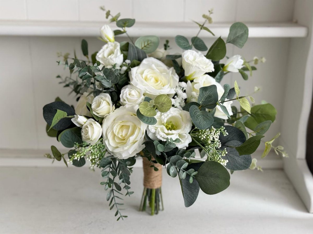 White rose bouquet with silver dollar and seeded eucalyptus greenery wrapped in twine.