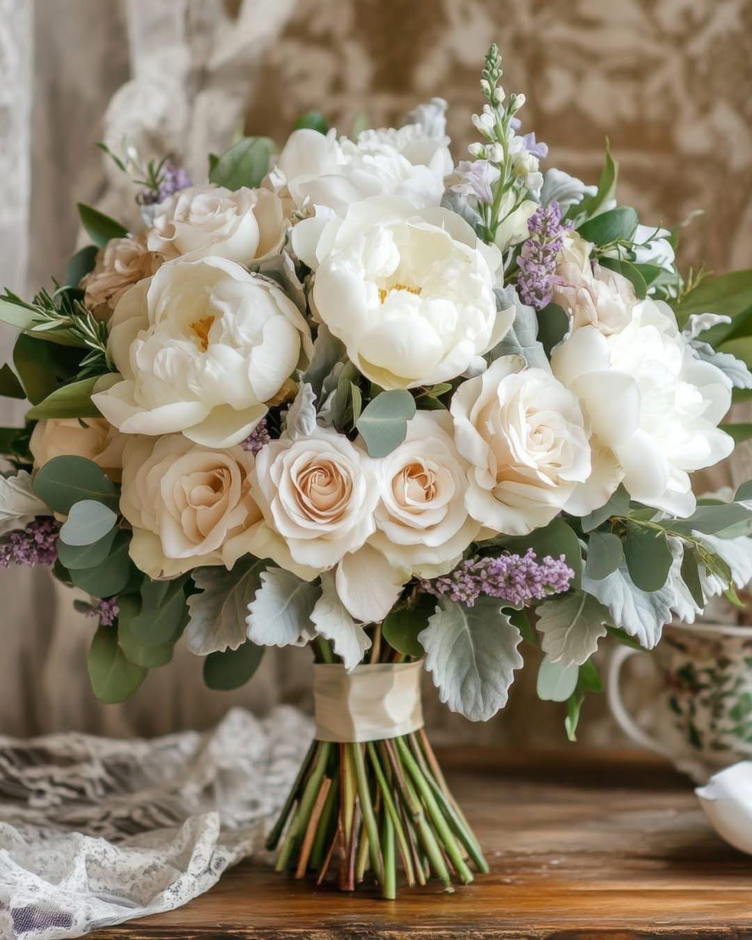 Bridal bouquet with white peonies, cream roses, and lush green foliage on wood.