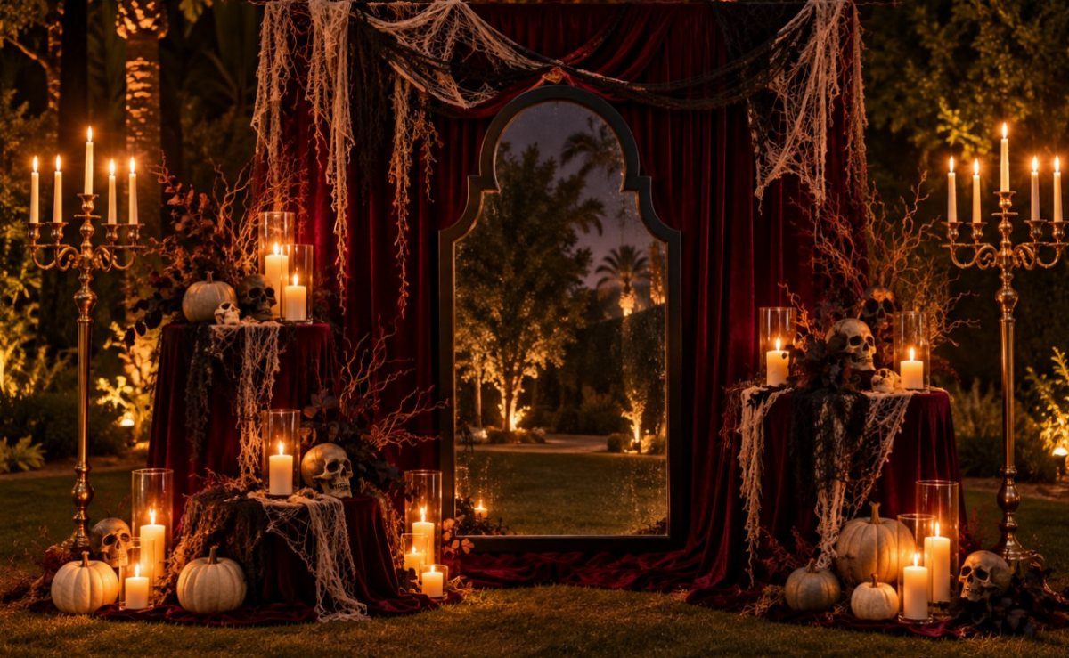 Gothic outdoor wedding setup with red velvet curtains, skulls, pumpkins, and glowing candles.