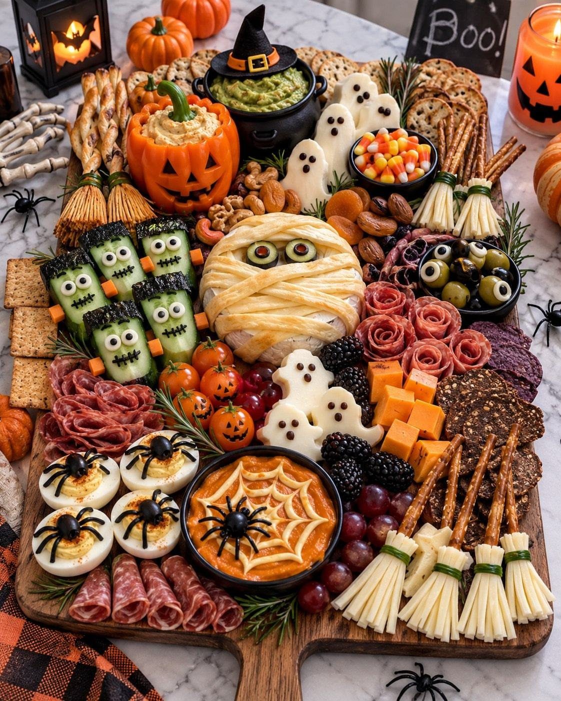 Halloween charcuterie board with mummy cheese ball, spider deviled eggs, and pumpkin dips.