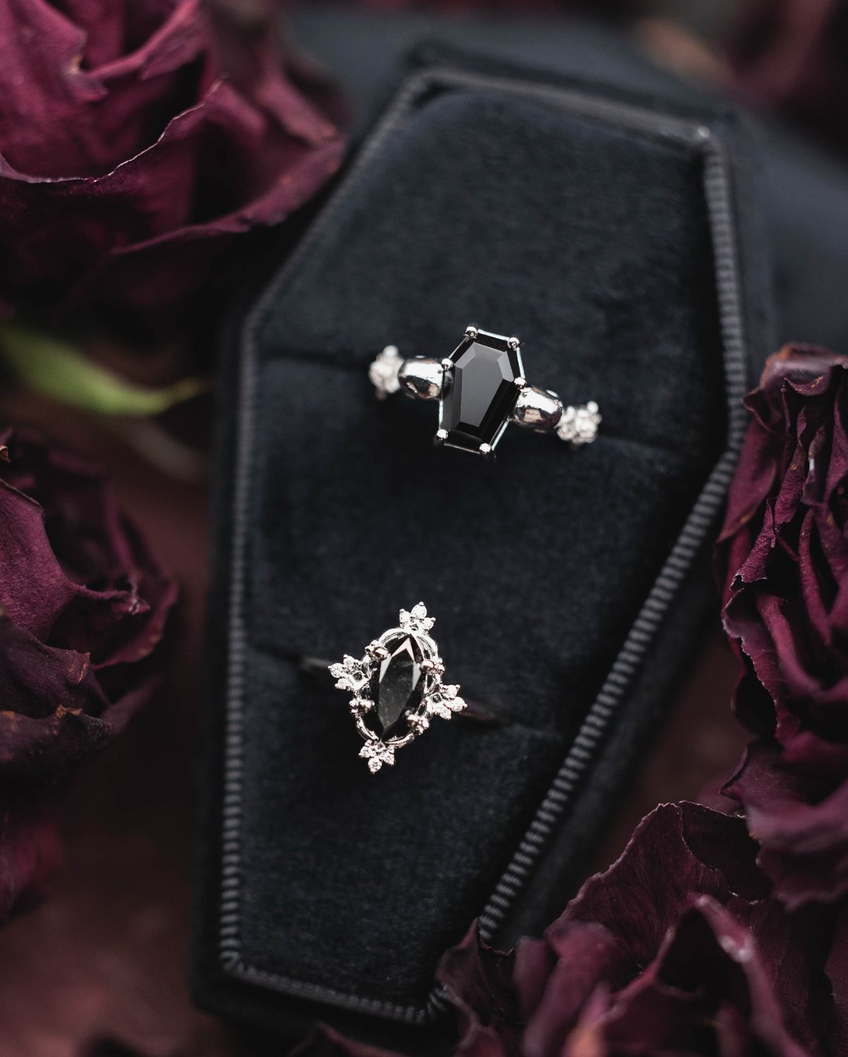 Two black gemstone rings in a coffin-shaped box surrounded by dark red roses.