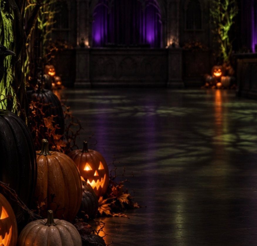 Glowing jack-o'-lanterns and autumn leaves lining a dark gothic hall with purple lighting