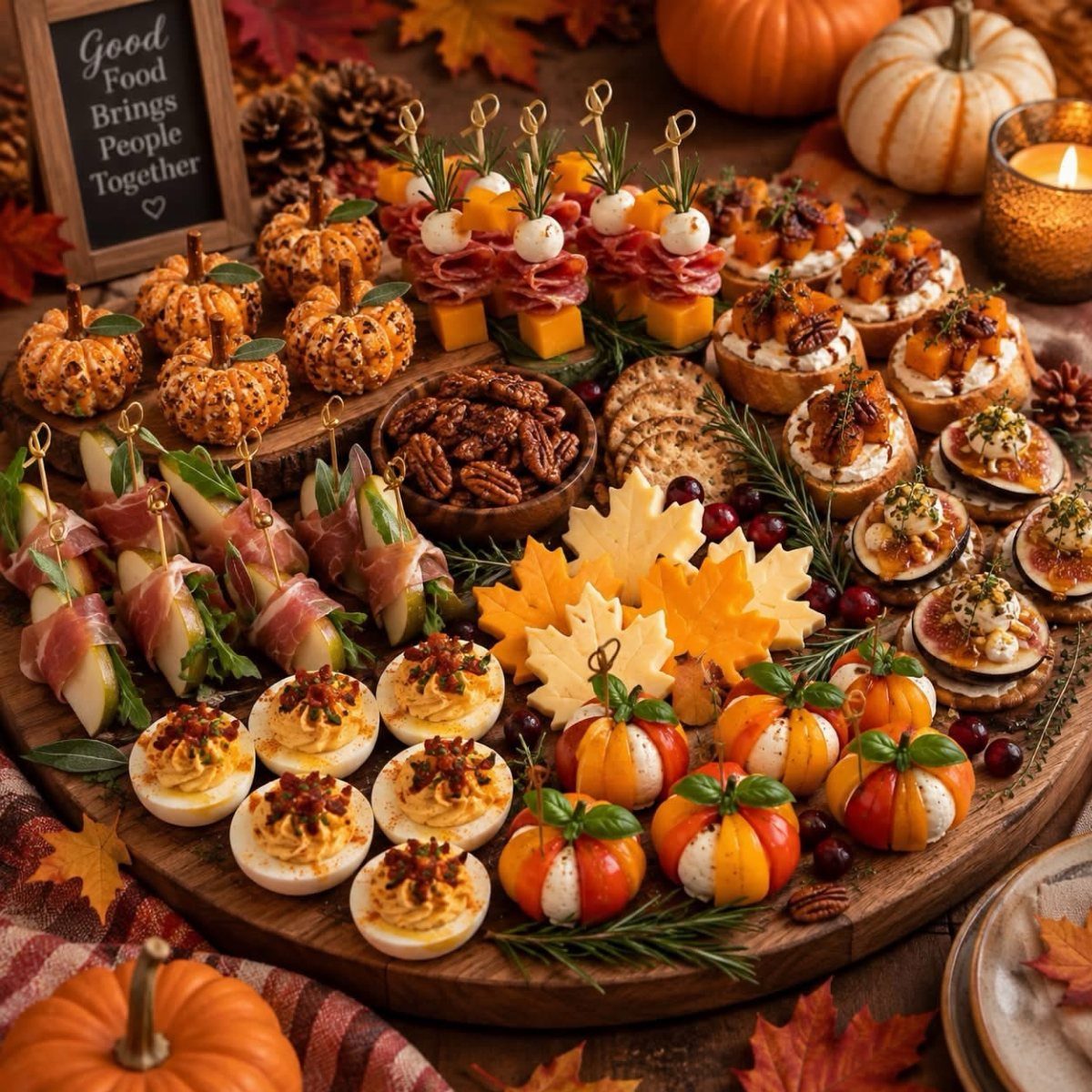 Autumn appetizer platter with pumpkin cheese balls, deviled eggs, and fall leaf decorations.
