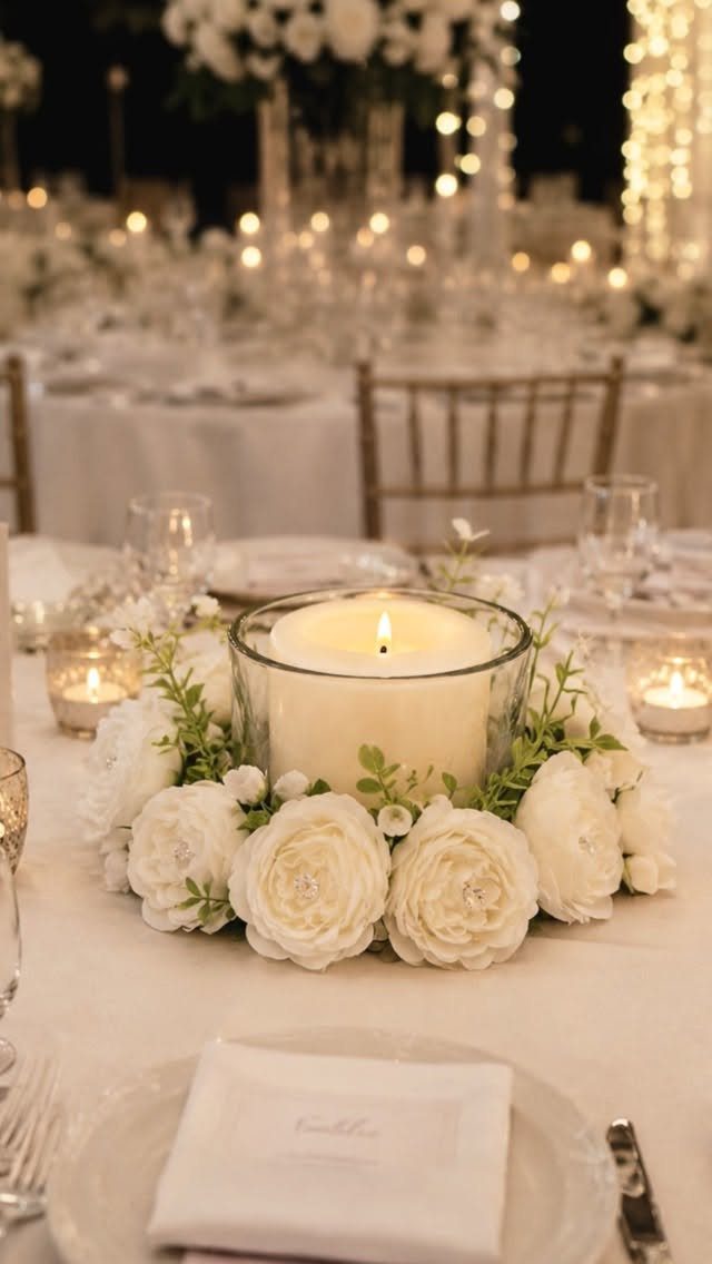 White candle in a glass holder surrounded by white roses on a wedding table