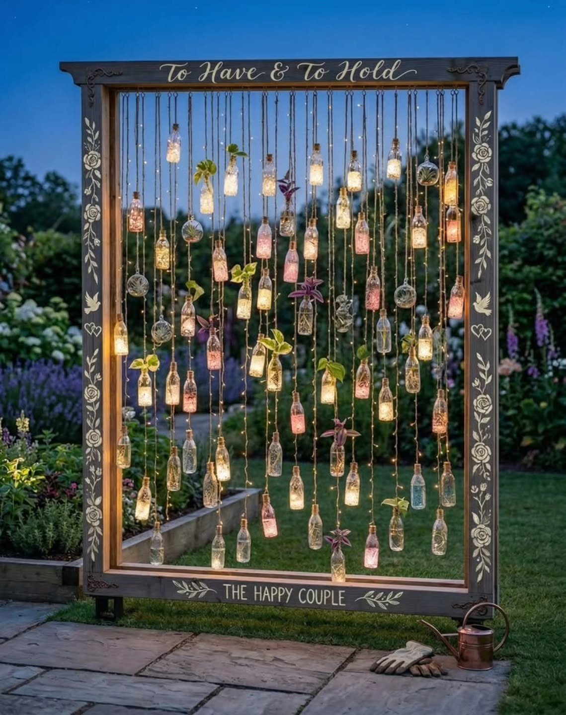 Wooden frame with hanging glass bottles containing lights and plants in a garden