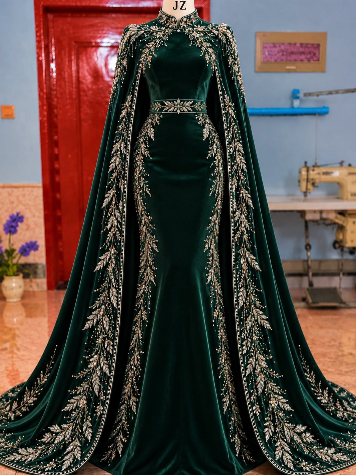 Emerald green velvet bridal gown with gold embroidery and a long matching cape.
