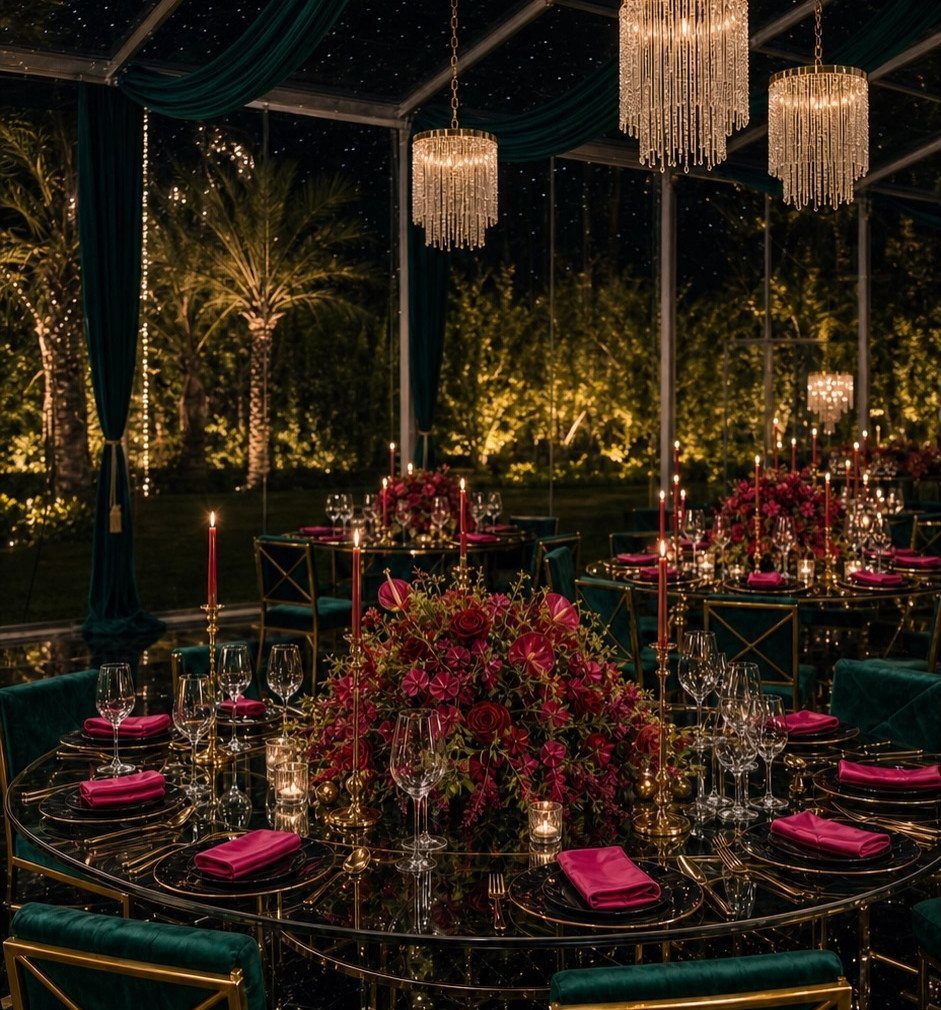 Luxurious wedding reception tables with red floral centerpieces and crystal chandeliers at night