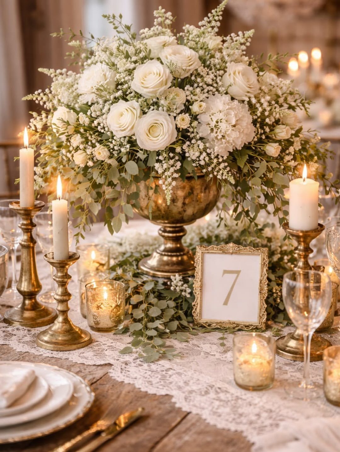 White floral centerpiece in gold urn with candles and lace runner on table