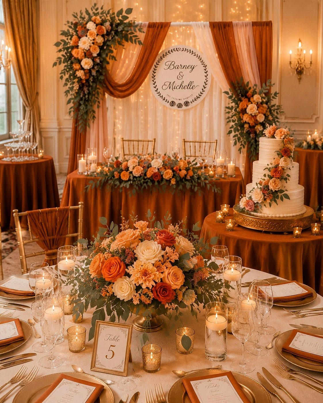 Terracotta wedding reception decor with orange floral centerpieces, gold accents, and a cake.