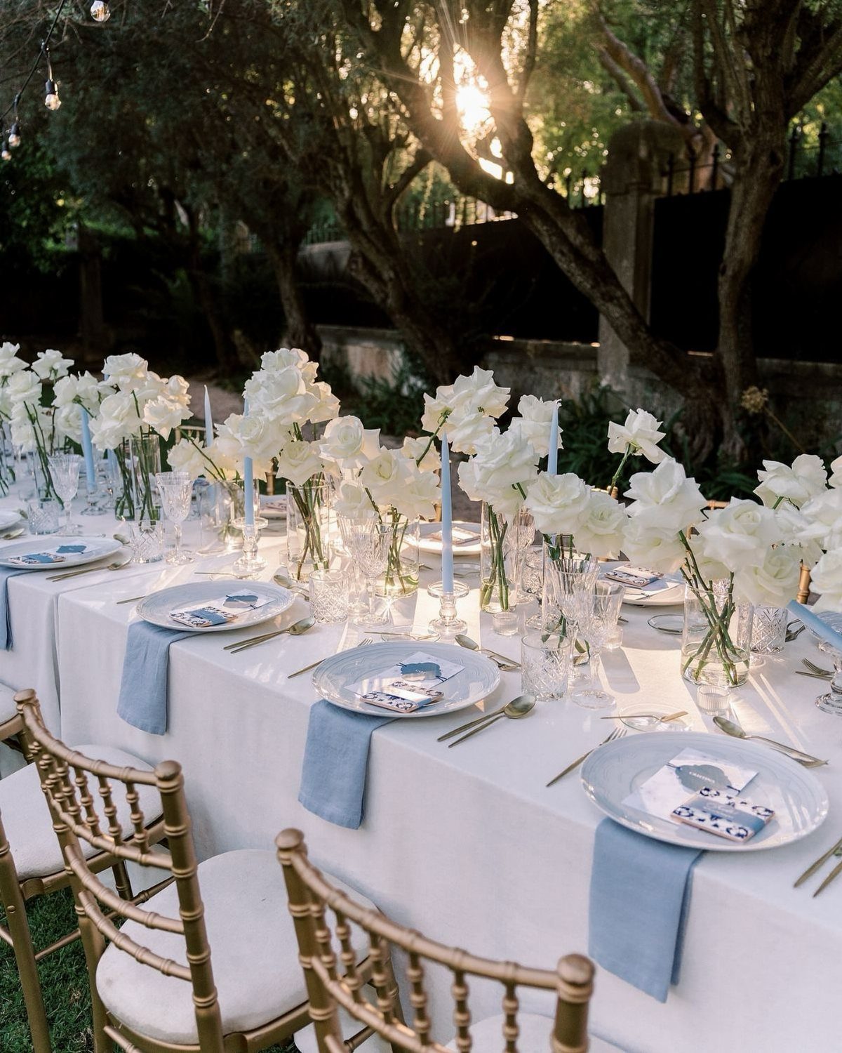 Long wedding table with white tablecloth, light blue napkins, and white floral centerpieces.