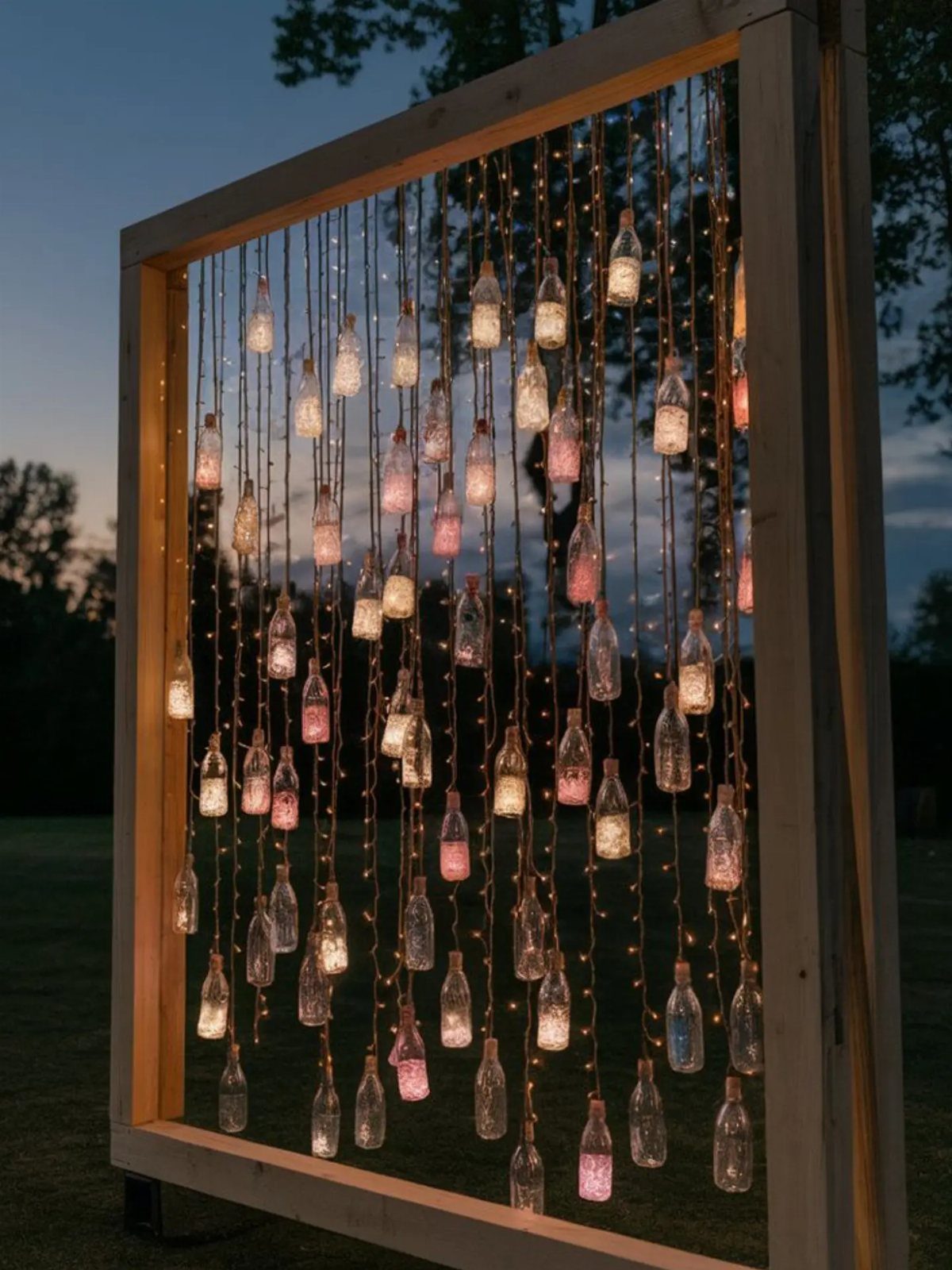 Wooden frame with hanging glowing glass bottles and fairy lights at dusk.
