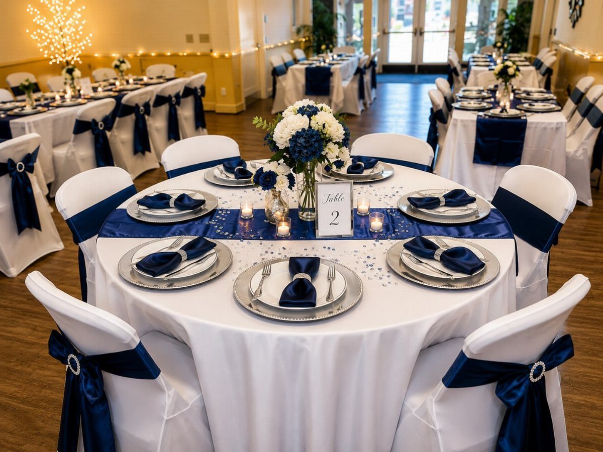 Round wedding table with white linens, navy blue accents, and silver charger plates.