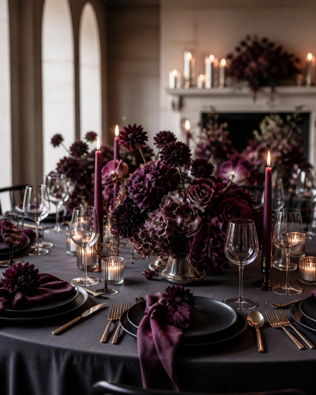 Moody wedding table with burgundy and purple floral centerpieces, black plates, and candles.