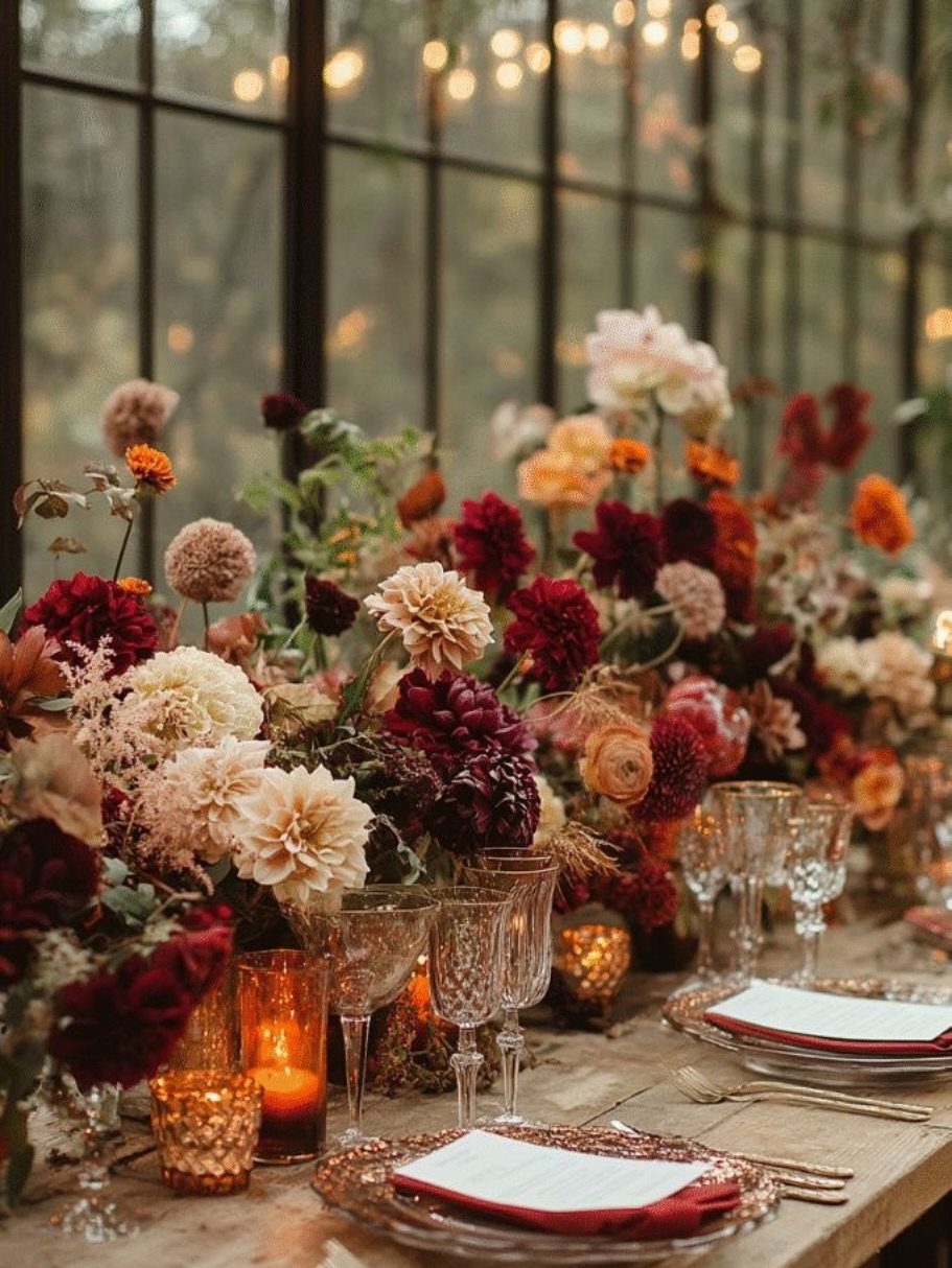 Floral centerpieces with burgundy and cream flowers on a table with copper accents.